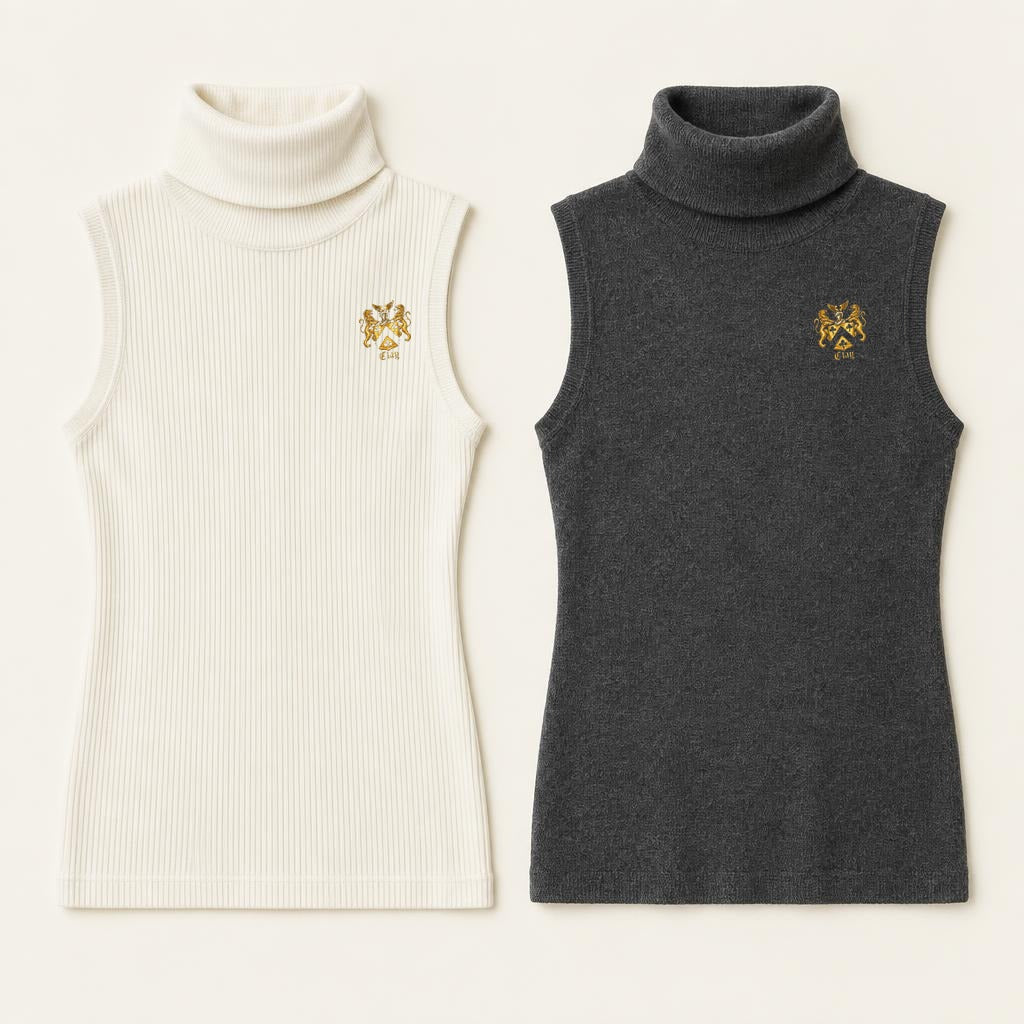 Sleeveless cashmere turtleneck tops with small embroidered gold Lion&