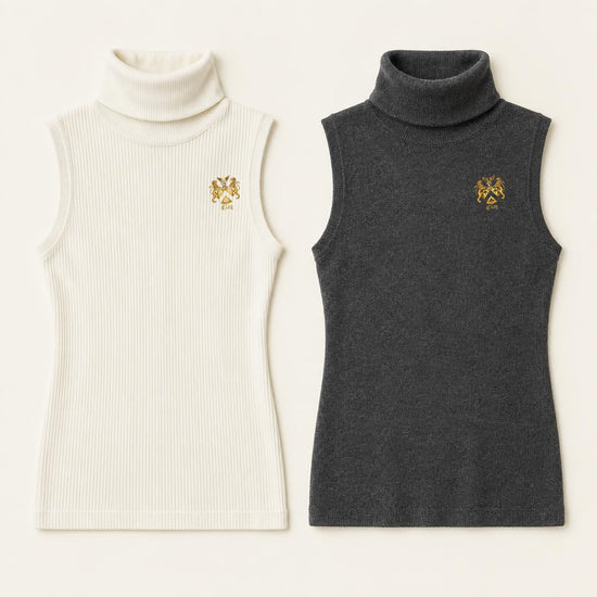 Sleeveless cashmere turtleneck tops with small embroidered gold Lion&
