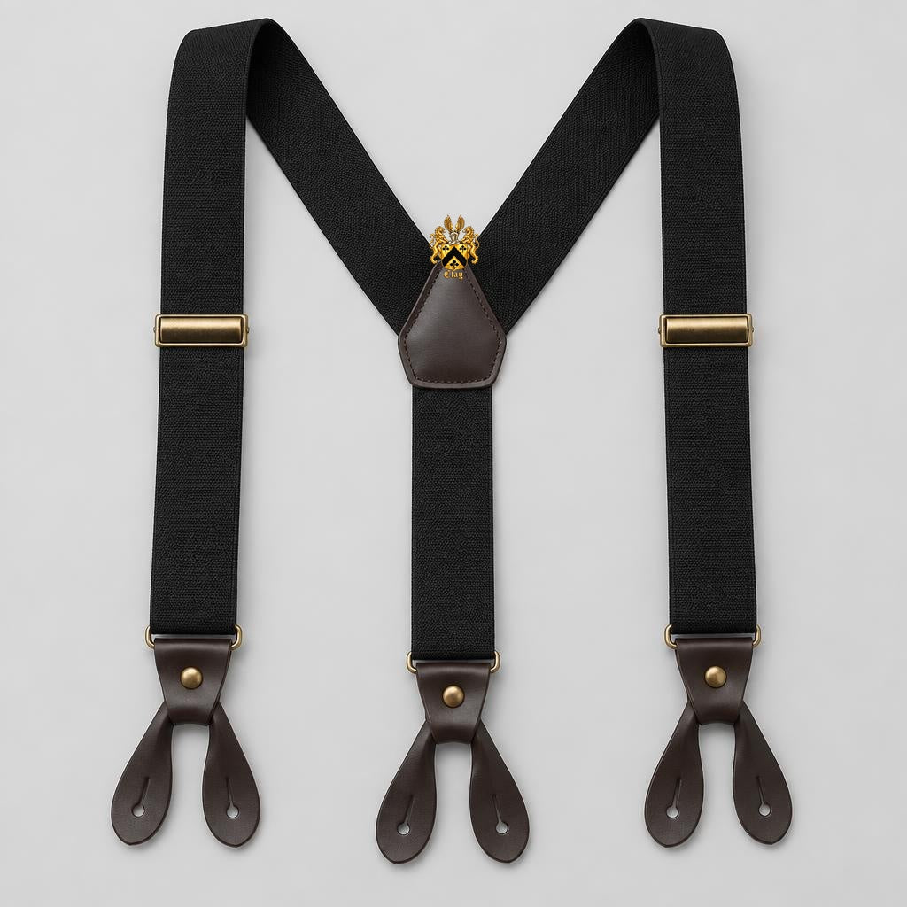 Black adjustable Y-back suspenders with brass hardware, leather button tabs, and the official full Lion’s Crest