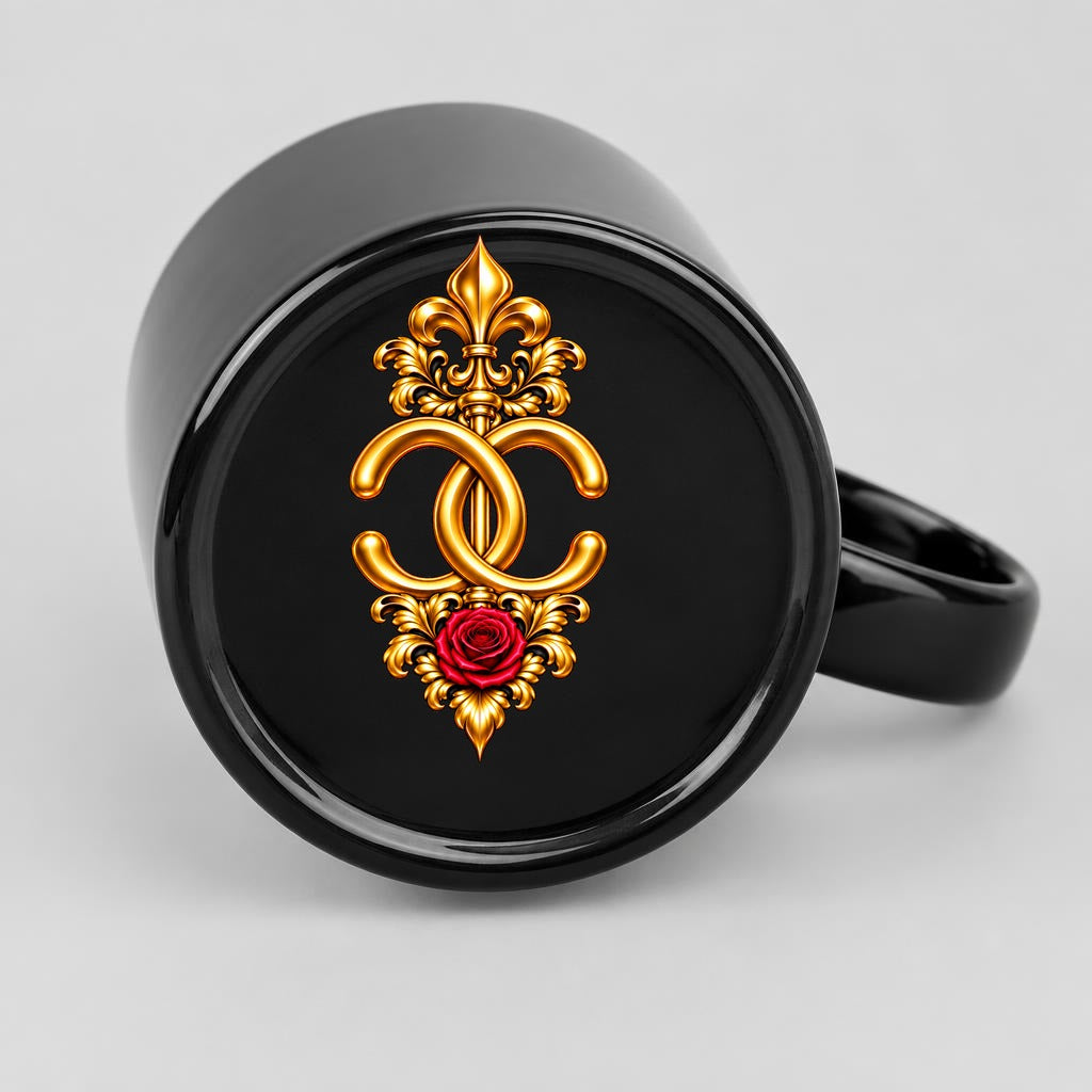 Bottom of the coffee mug with the gold rose CC crest