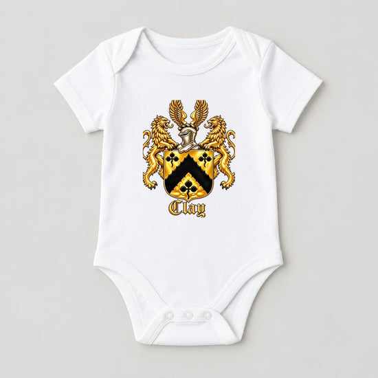 Organic cotton onesie with Clay crest