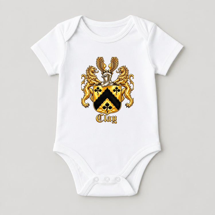 Organic cotton onesie with Clay crest