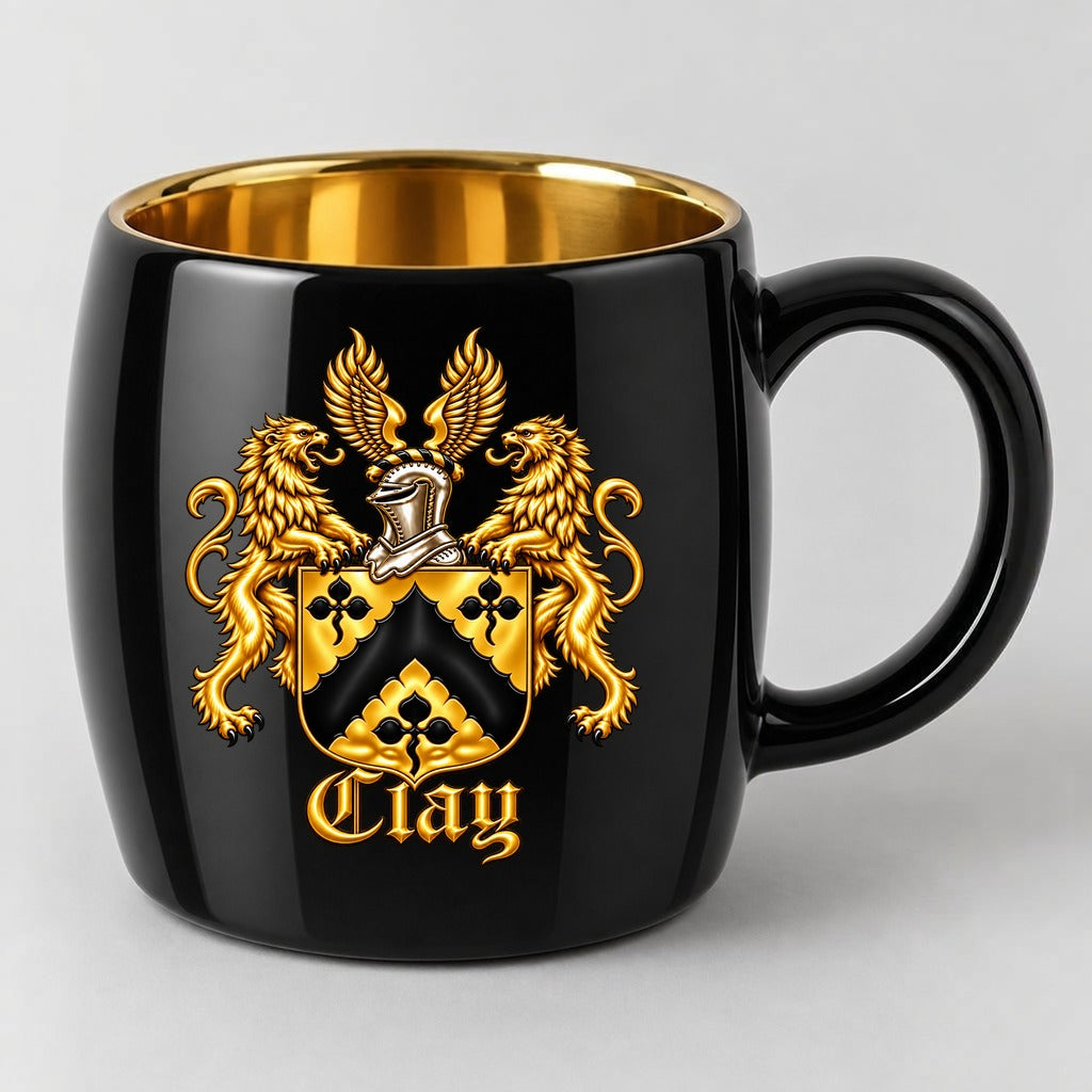 Oval mug with the full gold lion crest centered on the front