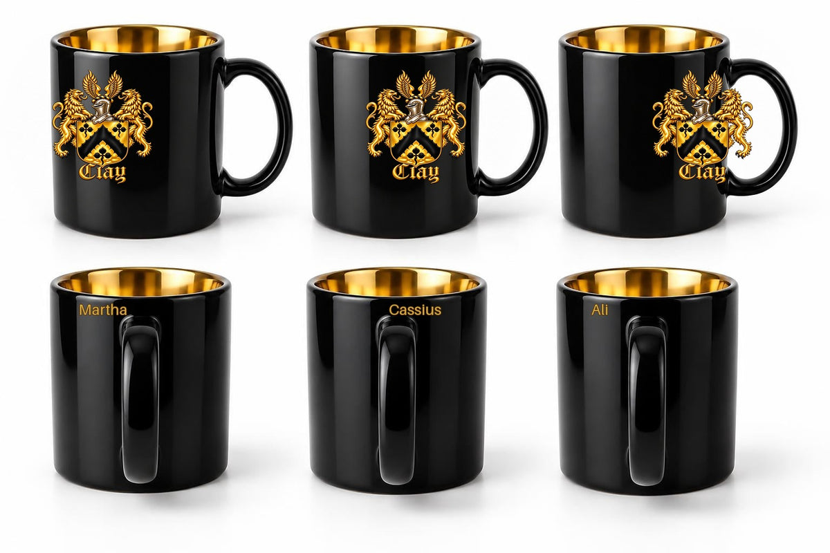 Black personalized mugs with gold interiors and a large gold lion crest on the front