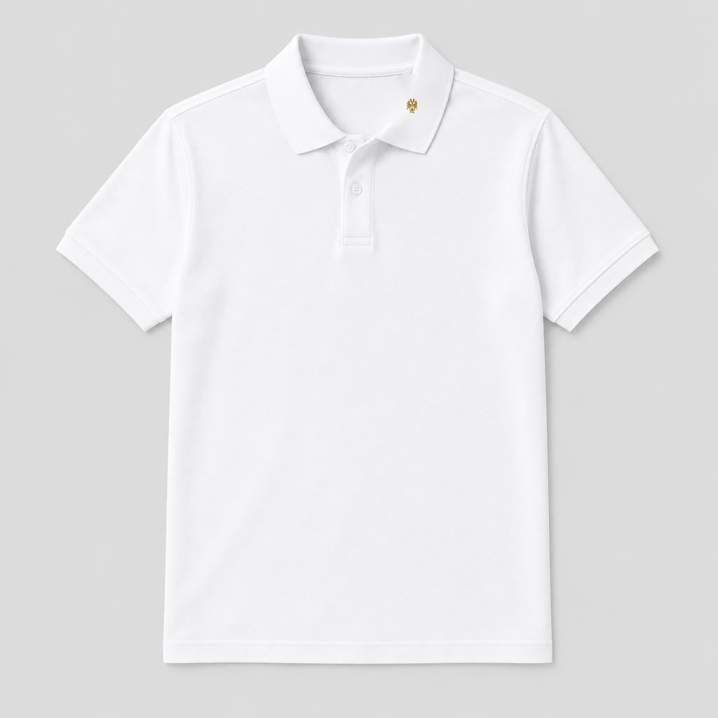 White organic cotton polo with the original gold Clay crest embroidered at approximately half an inch on the collar