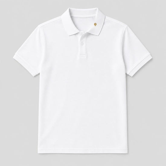 White organic cotton polo with the original gold Clay crest embroidered at approximately half an inch on the collar