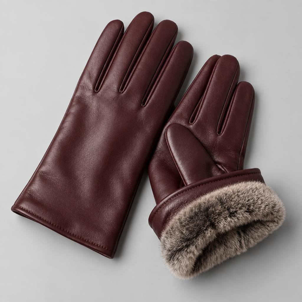 Oxblood lambskin leather gloves with rabbit-fur lining