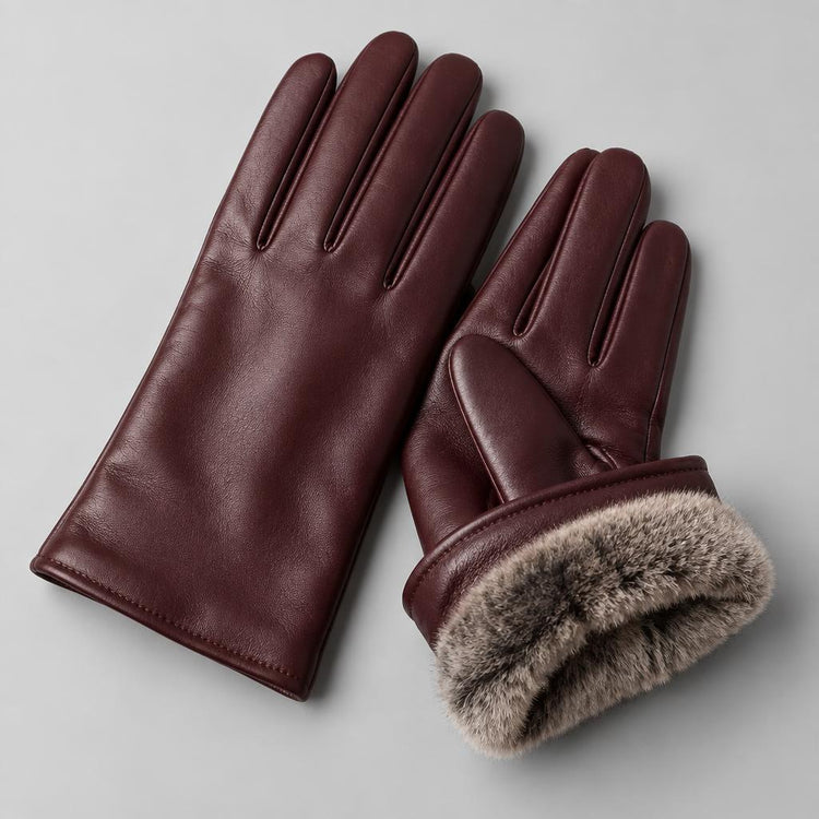 Oxblood lambskin leather gloves with rabbit-fur lining