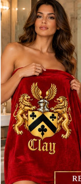 Red crest towel, front