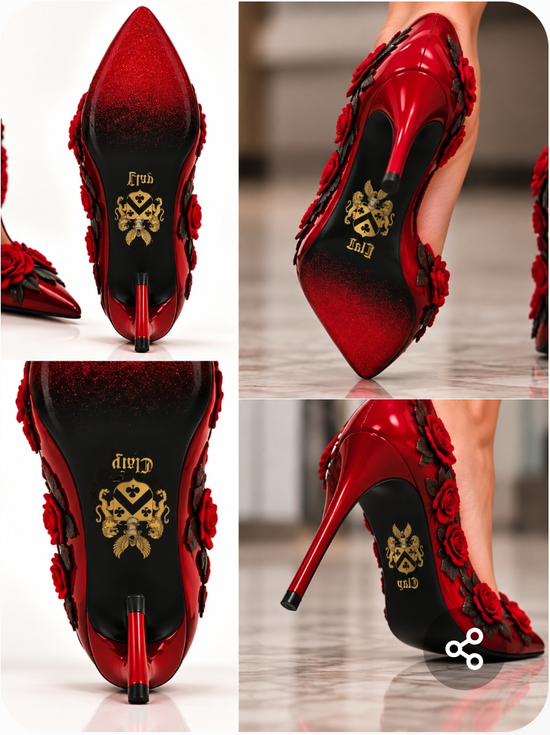 Four views of red rose stilettos with the left shoe crests reversed to the requested direction