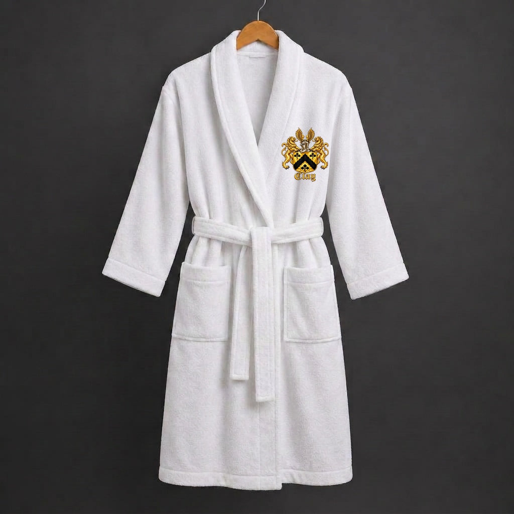 Turkish cotton bathrobe with the official Clay crest uniformly placed on the chest