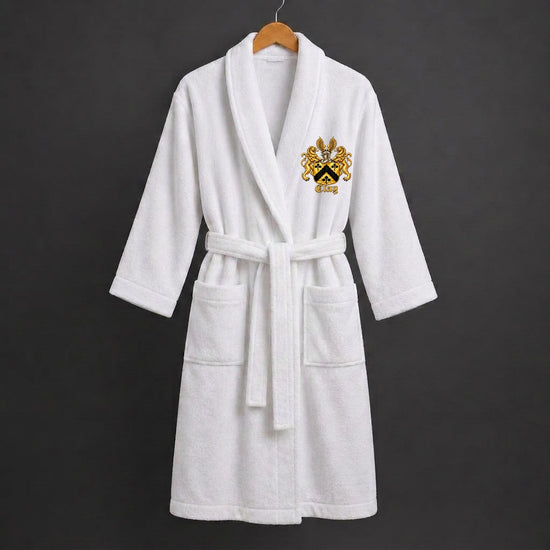 Turkish cotton bathrobe with the official Clay crest uniformly placed on the chest