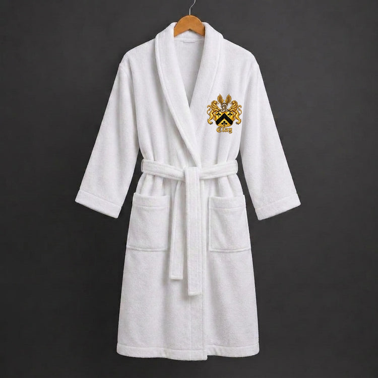 Turkish cotton bathrobe with the official Clay crest uniformly placed on the chest