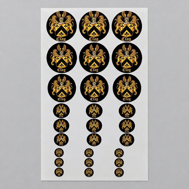 Sheet of round black stickers with the official gold Lion&