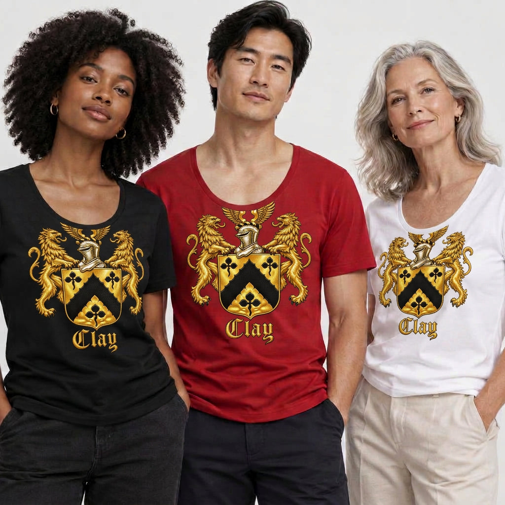 Scoop neck tees with the gold Clay crest