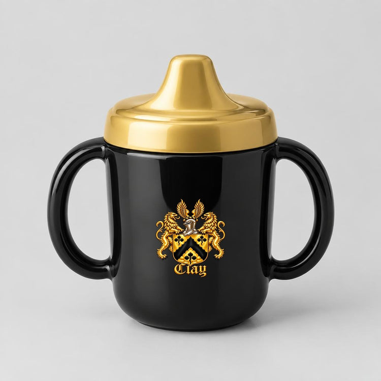 Black sippy cup with gold lid and the gold lion crest