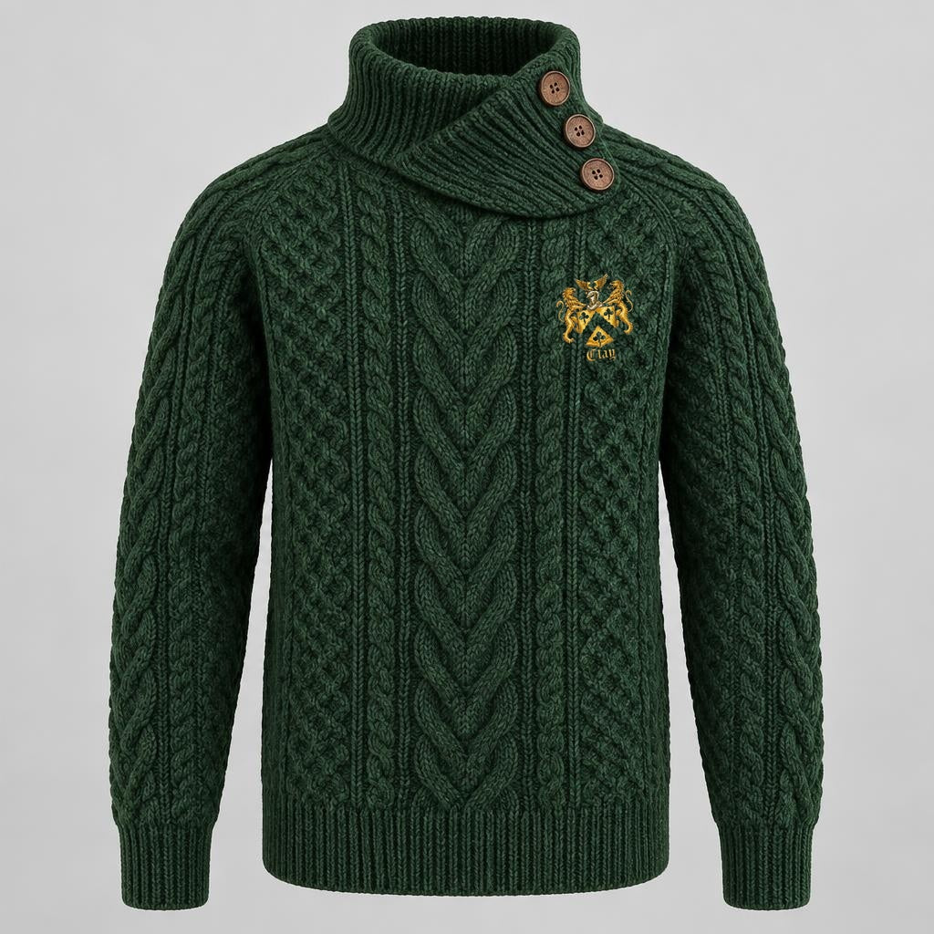 Forest-green cable-knit fisherman sweater with three-button wraparound neck and official Lion&