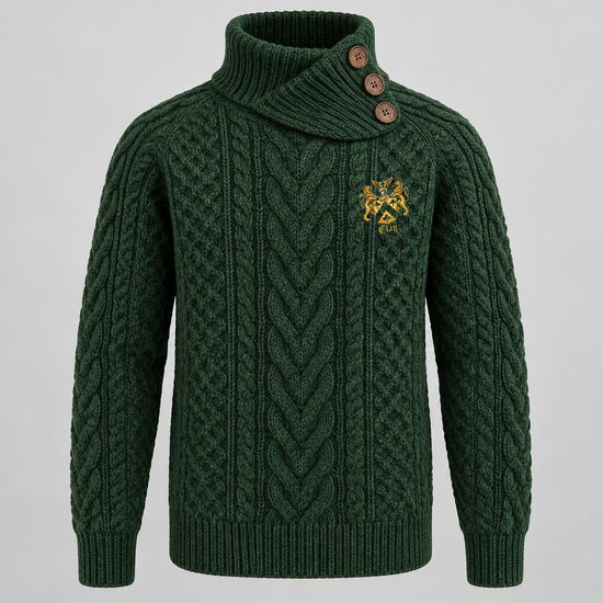 Forest-green cable-knit fisherman sweater with three-button wraparound neck and official Lion&