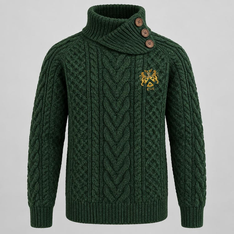 Forest-green cable-knit fisherman sweater with three-button wraparound neck and official Lion&