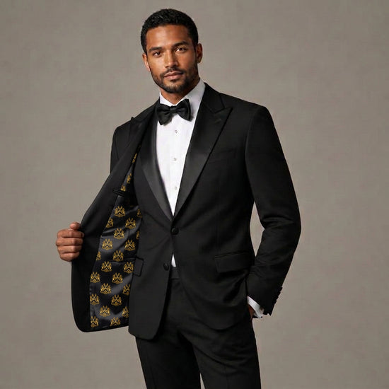 Silk tuxedo jacket with crest-patterned lining