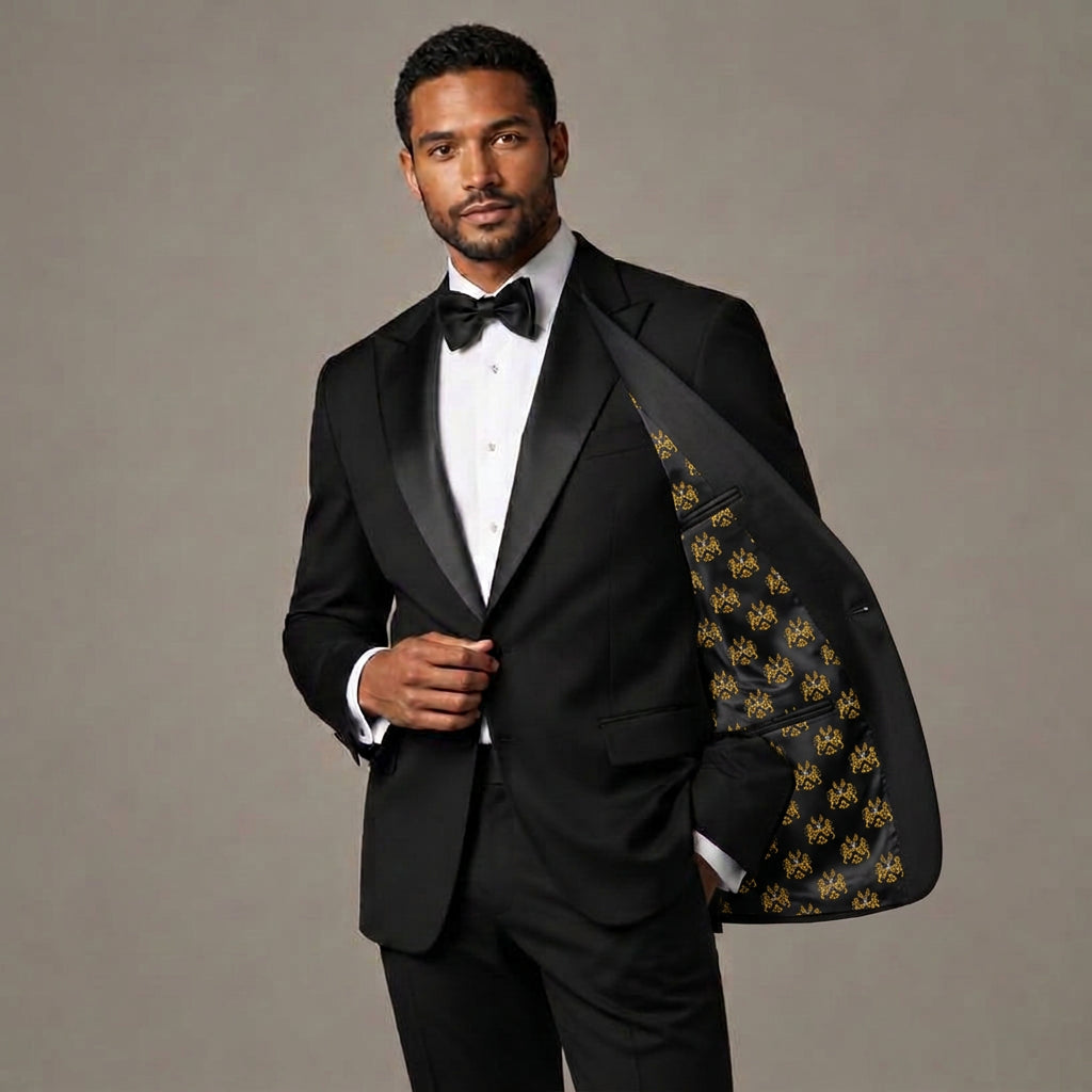 Cashmere tuxedo jacket with crest-patterned lining