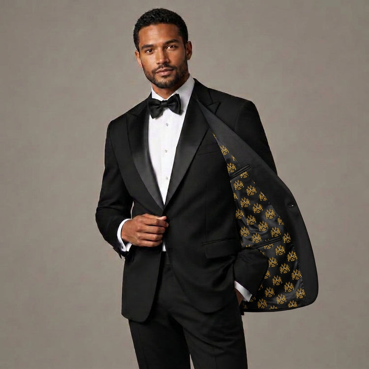 Cashmere tuxedo jacket with crest-patterned lining
