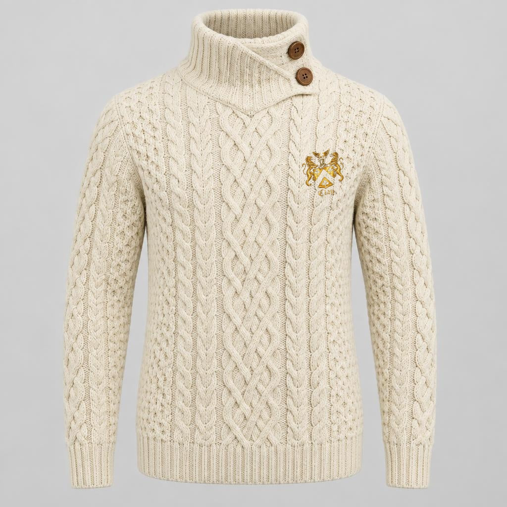 Ivory cable-knit fisherman sweater with two-button wraparound neck and official Lion&