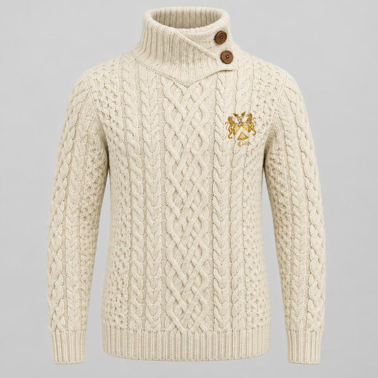 Ivory cable-knit fisherman sweater with two-button wraparound neck and official Lion&