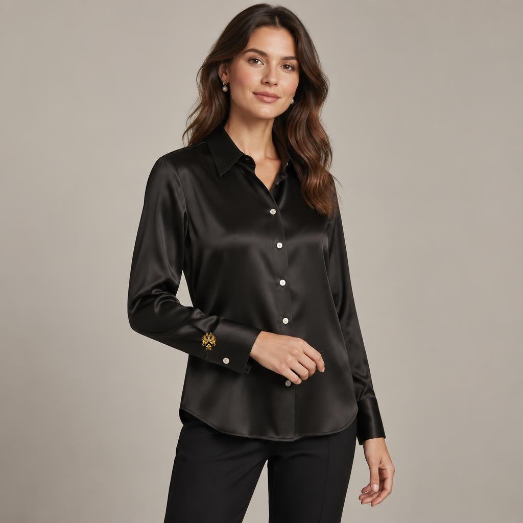 Woman wearing a black pure silk button-up shirt with the official Lion’s Crest embroidered on her right cuff